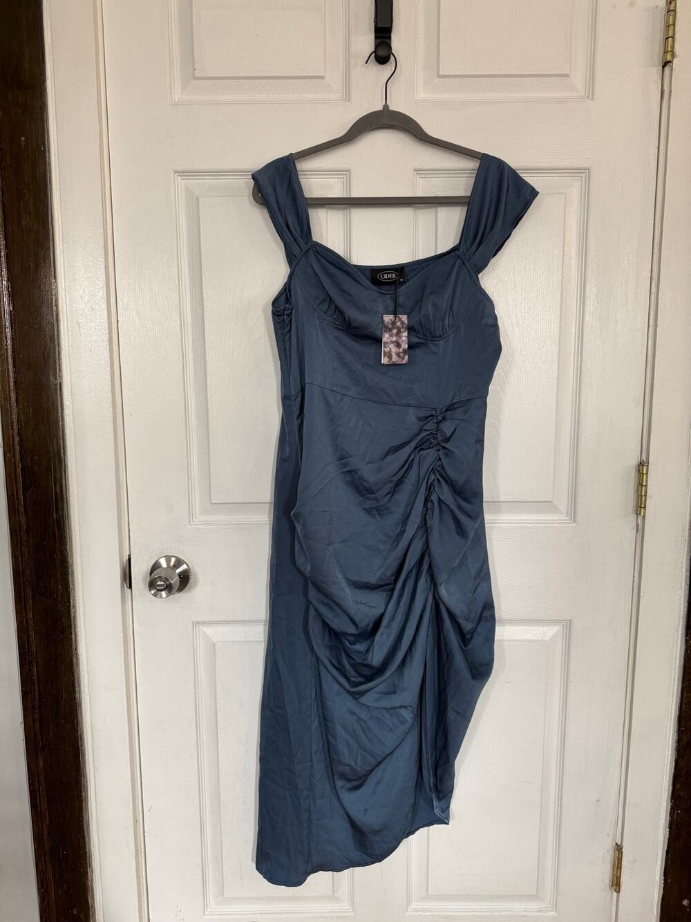 Cider Solid Ruched Satin Midi Dress - Slate Blue - NWT